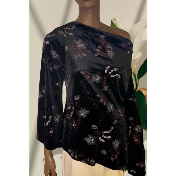 Vintage Tradition asymmetrical velvet  long sleeve sparkly florals print M-L - Picture 2 of 7